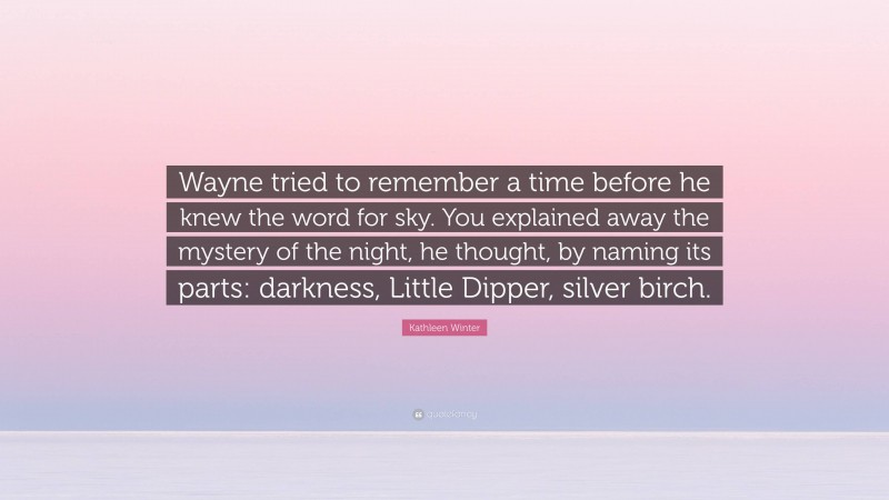 Kathleen Winter Quote: “Wayne tried to remember a time before he knew the word for sky. You explained away the mystery of the night, he thought, by naming its parts: darkness, Little Dipper, silver birch.”