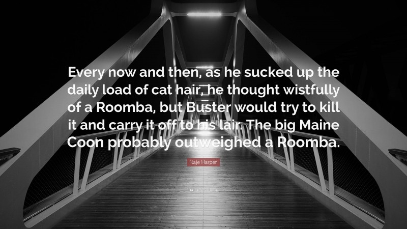 Kaje Harper Quote: “Every now and then, as he sucked up the daily load of cat hair, he thought wistfully of a Roomba, but Buster would try to kill it and carry it off to his lair. The big Maine Coon probably outweighed a Roomba.”