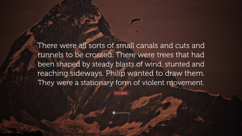 A. S. Byatt Quote: “There were all sorts of small canals and cuts and runnels to be crossed. There were trees that had been shaped by steady blasts of wind, stunted and reaching sideways. Philip wanted to draw them. They were a stationary form of violent movement.”