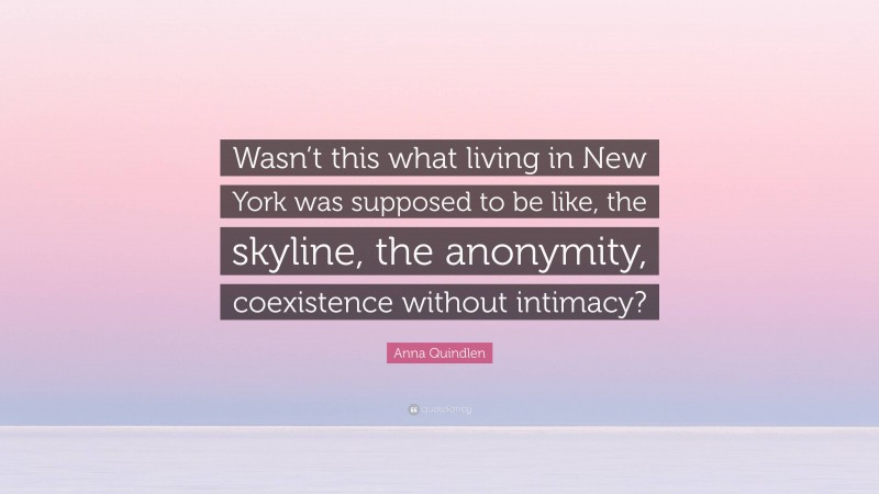 Anna Quindlen Quote: “Wasn’t this what living in New York was supposed to be like, the skyline, the anonymity, coexistence without intimacy?”
