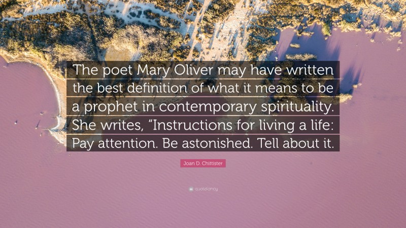 Joan D. Chittister Quote: “The poet Mary Oliver may have written the best definition of what it means to be a prophet in contemporary spirituality. She writes, “Instructions for living a life: Pay attention. Be astonished. Tell about it.”