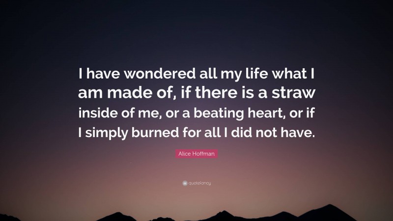 Alice Hoffman Quote: “I have wondered all my life what I am made of, if there is a straw inside of me, or a beating heart, or if I simply burned for all I did not have.”