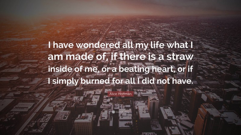 Alice Hoffman Quote: “I have wondered all my life what I am made of, if there is a straw inside of me, or a beating heart, or if I simply burned for all I did not have.”