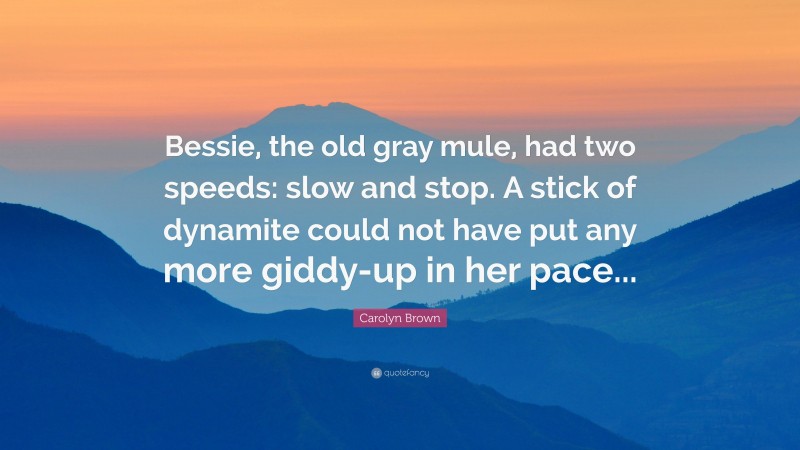 Carolyn Brown Quote: “Bessie, the old gray mule, had two speeds: slow and stop. A stick of dynamite could not have put any more giddy-up in her pace...”