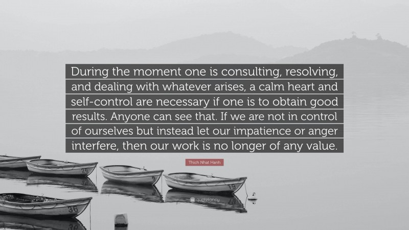 Thich Nhat Hanh Quote: “During the moment one is consulting, resolving, and dealing with whatever arises, a calm heart and self-control are necessary if one is to obtain good results. Anyone can see that. If we are not in control of ourselves but instead let our impatience or anger interfere, then our work is no longer of any value.”