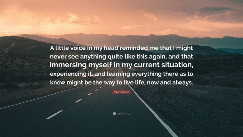 Piper Kerman Quote: “A little voice in my head reminded me that I might never see anything quite like this again, and that immersing myself in my current situation, experiencing it, and learning everything there as to know might be the way to live life, now and always.”