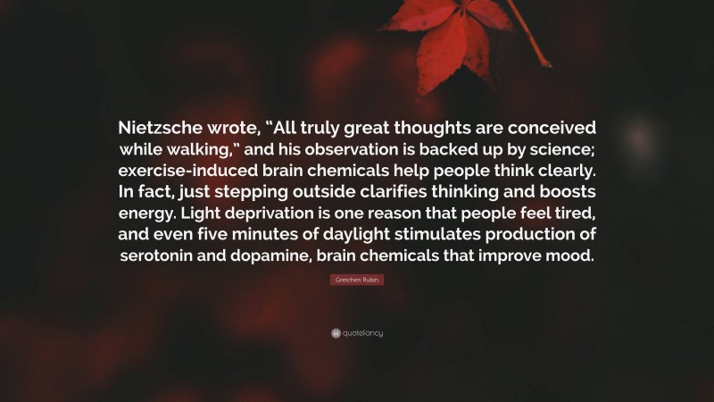Gretchen Rubin Quote: “Nietzsche wrote, “All truly great thoughts are conceived while walking,” and his observation is backed up by science; exercise-induced brain chemicals help people think clearly. In fact, just stepping outside clarifies thinking and boosts energy. Light deprivation is one reason that people feel tired, and even five minutes of daylight stimulates production of serotonin and dopamine, brain chemicals that improve mood.”