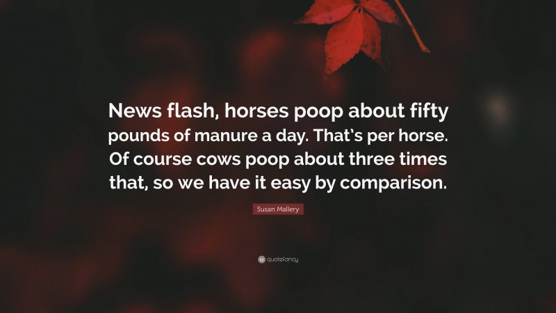 Susan Mallery Quote: “News flash, horses poop about fifty pounds of manure a day. That’s per horse. Of course cows poop about three times that, so we have it easy by comparison.”