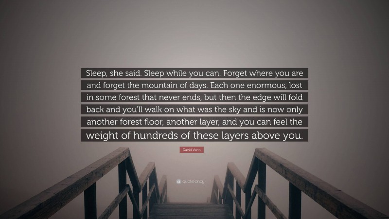 David Vann Quote: “Sleep, she said. Sleep while you can. Forget where you are and forget the mountain of days. Each one enormous, lost in some forest that never ends, but then the edge will fold back and you’ll walk on what was the sky and is now only another forest floor, another layer, and you can feel the weight of hundreds of these layers above you.”