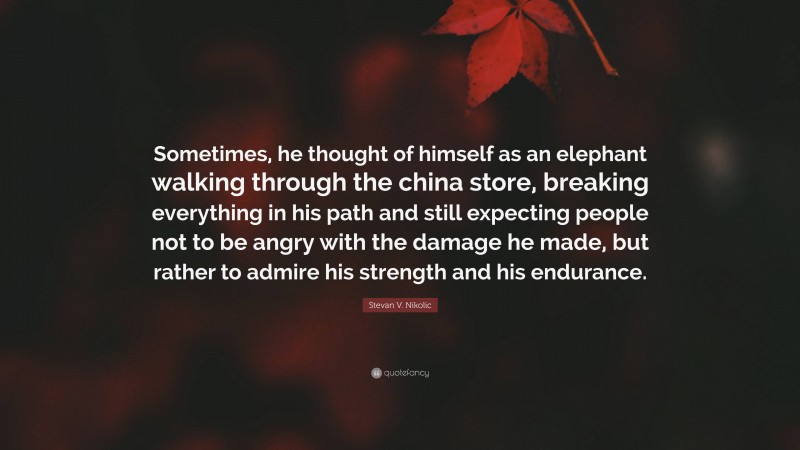 Stevan V. Nikolic Quote: “Sometimes, he thought of himself as an elephant walking through the china store, breaking everything in his path and still expecting people not to be angry with the damage he made, but rather to admire his strength and his endurance.”