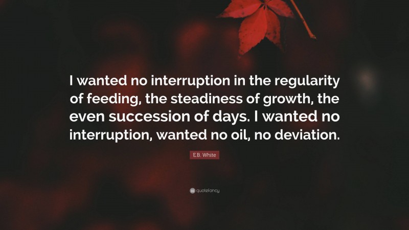 E.B. White Quote: “I wanted no interruption in the regularity of feeding, the steadiness of growth, the even succession of days. I wanted no interruption, wanted no oil, no deviation.”