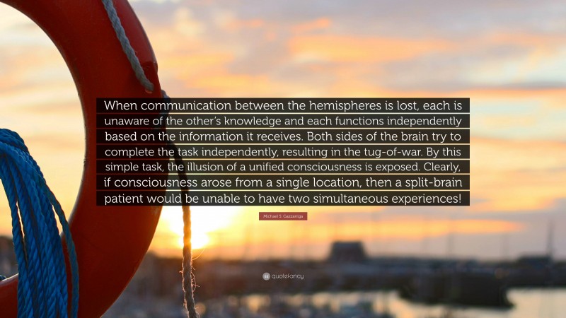 Michael S. Gazzaniga Quote: “When communication between the hemispheres is lost, each is unaware of the other’s knowledge and each functions independently based on the information it receives. Both sides of the brain try to complete the task independently, resulting in the tug-of-war. By this simple task, the illusion of a unified consciousness is exposed. Clearly, if consciousness arose from a single location, then a split-brain patient would be unable to have two simultaneous experiences!”