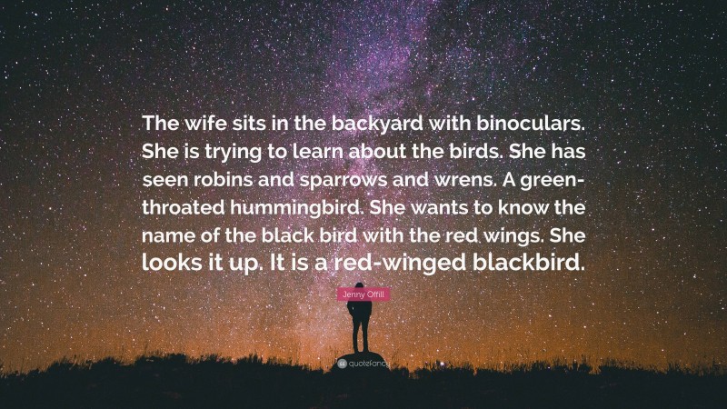 Jenny Offill Quote: “The wife sits in the backyard with binoculars. She is trying to learn about the birds. She has seen robins and sparrows and wrens. A green-throated hummingbird. She wants to know the name of the black bird with the red wings. She looks it up. It is a red-winged blackbird.”
