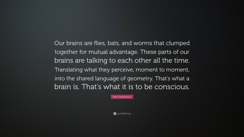 Neal Stephenson Quote: “Our brains are flies, bats, and worms that clumped together for mutual advantage. These parts of our brains are talking to each other all the time. Translating what they perceive, moment to moment, into the shared language of geometry. That’s what a brain is. That’s what it is to be conscious.”
