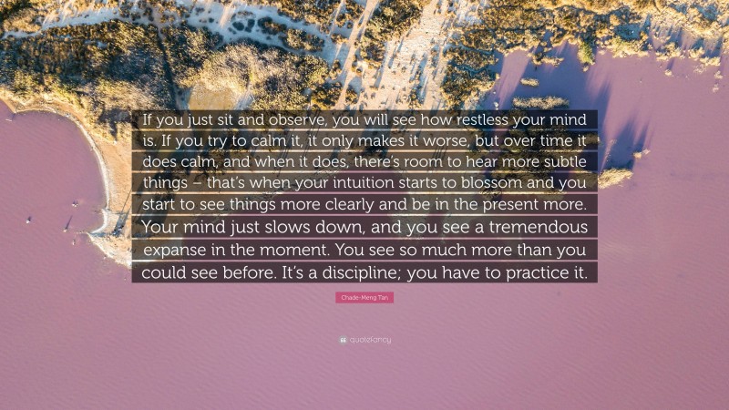 Chade-Meng Tan Quote: “If you just sit and observe, you will see how restless your mind is. If you try to calm it, it only makes it worse, but over time it does calm, and when it does, there’s room to hear more subtle things – that’s when your intuition starts to blossom and you start to see things more clearly and be in the present more. Your mind just slows down, and you see a tremendous expanse in the moment. You see so much more than you could see before. It’s a discipline; you have to practice it.”