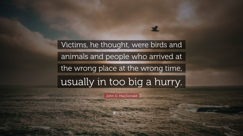 John D. MacDonald Quote: “Victims, he thought, were birds and animals and people who arrived at the wrong place at the wrong time, usually in too big a hurry.”
