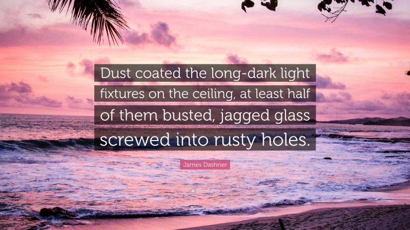 James Dashner Quote: “Dust coated the long-dark light fixtures on the ceiling, at least half of them busted, jagged glass screwed into rusty holes.”