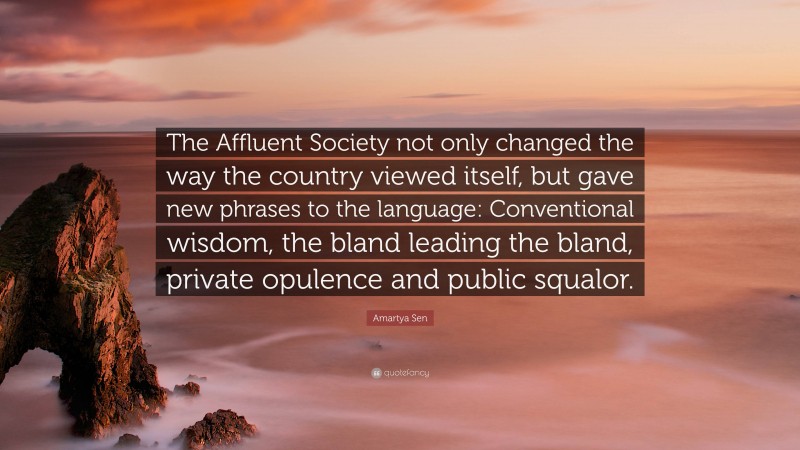 Amartya Sen Quote: “The Affluent Society not only changed the way the country viewed itself, but gave new phrases to the language: Conventional wisdom, the bland leading the bland, private opulence and public squalor.”