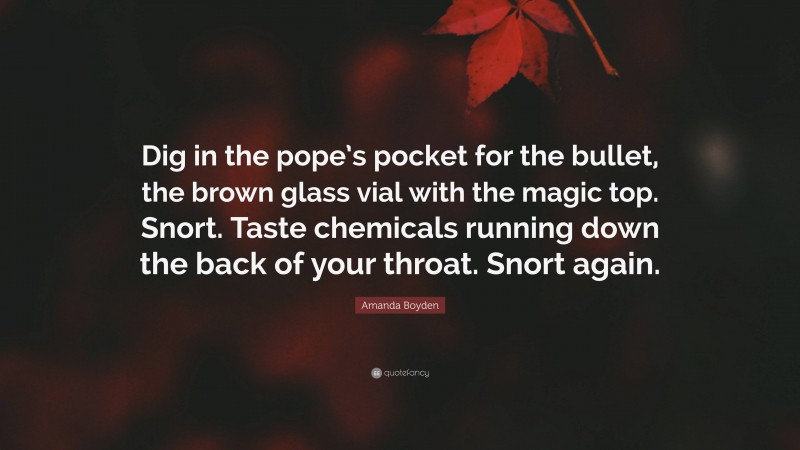 Amanda Boyden Quote: “Dig in the pope’s pocket for the bullet, the brown glass vial with the magic top. Snort. Taste chemicals running down the back of your throat. Snort again.”