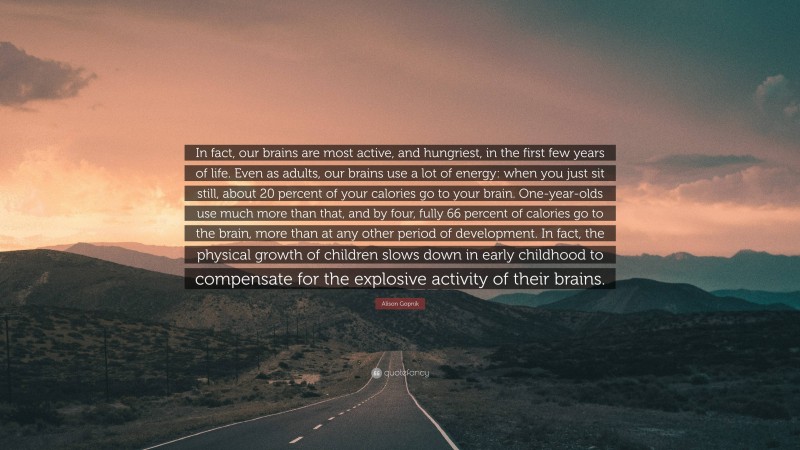 Alison Gopnik Quote: “In fact, our brains are most active, and hungriest, in the first few years of life. Even as adults, our brains use a lot of energy: when you just sit still, about 20 percent of your calories go to your brain. One-year-olds use much more than that, and by four, fully 66 percent of calories go to the brain, more than at any other period of development. In fact, the physical growth of children slows down in early childhood to compensate for the explosive activity of their brains.”