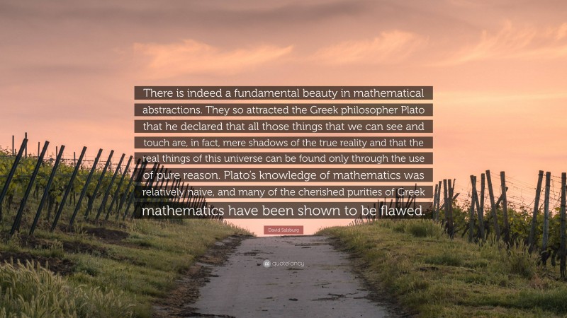 David Salsburg Quote: “There is indeed a fundamental beauty in mathematical abstractions. They so attracted the Greek philosopher Plato that he declared that all those things that we can see and touch are, in fact, mere shadows of the true reality and that the real things of this universe can be found only through the use of pure reason. Plato’s knowledge of mathematics was relatively naive, and many of the cherished purities of Greek mathematics have been shown to be flawed.”