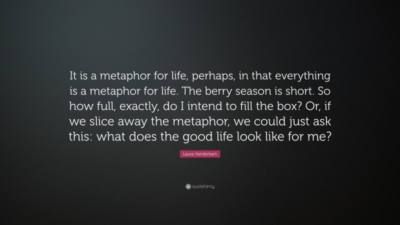 Laura Vanderkam Quote: “It is a metaphor for life, perhaps, in that everything is a metaphor for life. The berry season is short. So how full, exactly, do I intend to fill the box? Or, if we slice away the metaphor, we could just ask this: what does the good life look like for me?”