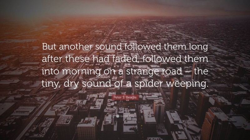 Peter S. Beagle Quote: “But another sound followed them long after these had faded, followed them into morning on a strange road – the tiny, dry sound of a spider weeping.”