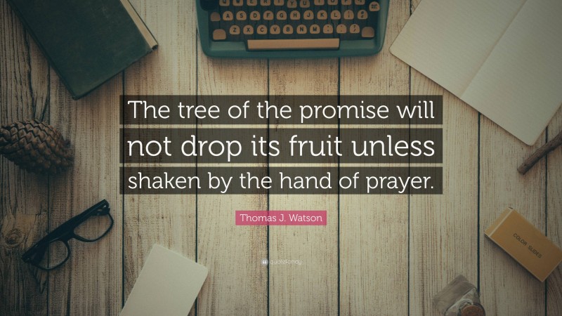 Thomas J. Watson Quote: “The tree of the promise will not drop its fruit unless shaken by the hand of prayer.”