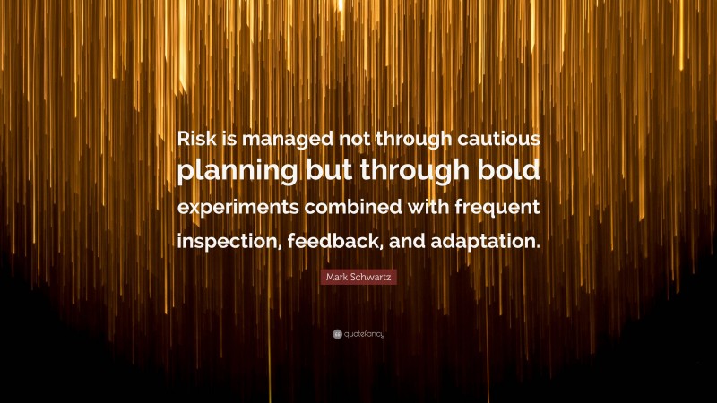 Mark Schwartz Quote: “Risk is managed not through cautious planning but through bold experiments combined with frequent inspection, feedback, and adaptation.”