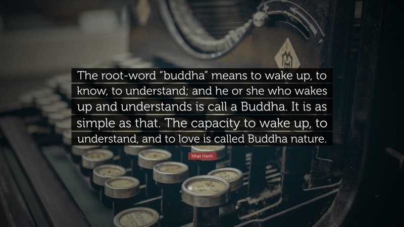 Nhat Hanh Quote: “The root-word “buddha” means to wake up, to know, to understand; and he or she who wakes up and understands is call a Buddha. It is as simple as that. The capacity to wake up, to understand, and to love is called Buddha nature.”