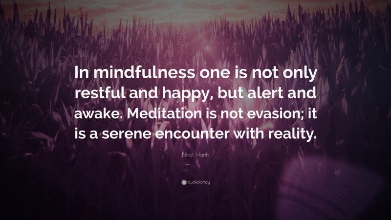 Nhat Hanh Quote: “In mindfulness one is not only restful and happy, but alert and awake. Meditation is not evasion; it is a serene encounter with reality.”