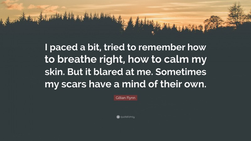 Gillian Flynn Quote: “I paced a bit, tried to remember how to breathe right, how to calm my skin. But it blared at me. Sometimes my scars have a mind of their own.”