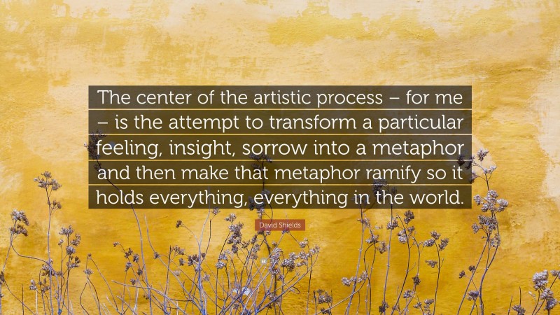 David Shields Quote: “The center of the artistic process – for me – is the attempt to transform a particular feeling, insight, sorrow into a metaphor and then make that metaphor ramify so it holds everything, everything in the world.”
