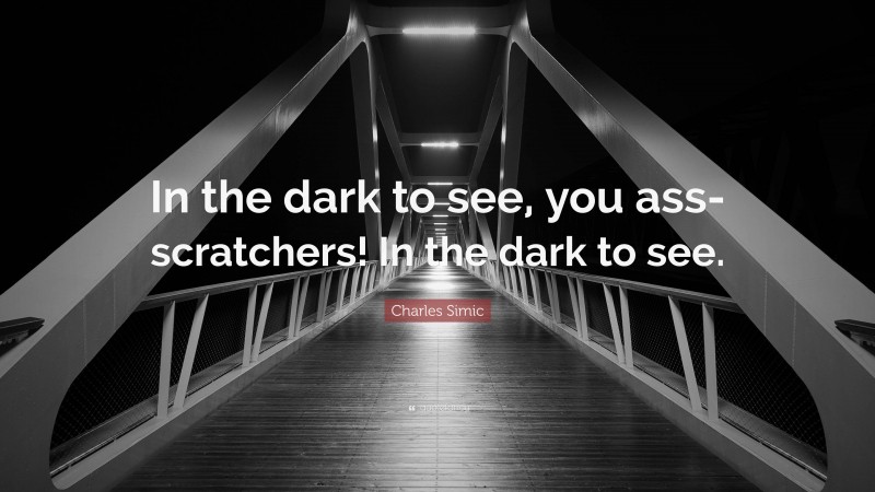 Charles Simic Quote: “In the dark to see, you ass-scratchers! In the dark to see.”
