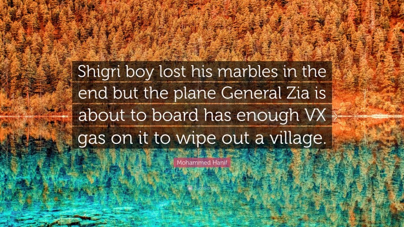 Mohammed Hanif Quote: “Shigri boy lost his marbles in the end but the plane General Zia is about to board has enough VX gas on it to wipe out a village.”