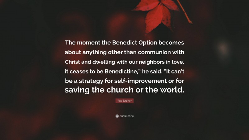 Rod Dreher Quote: “The moment the Benedict Option becomes about anything other than communion with Christ and dwelling with our neighbors in love, it ceases to be Benedictine,” he said. “It can’t be a strategy for self-improvement or for saving the church or the world.”