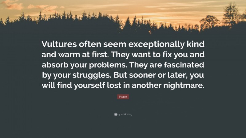 Peace Quote: “Vultures often seem exceptionally kind and warm at first. They want to fix you and absorb your problems. They are fascinated by your struggles. But sooner or later, you will find yourself lost in another nightmare.”