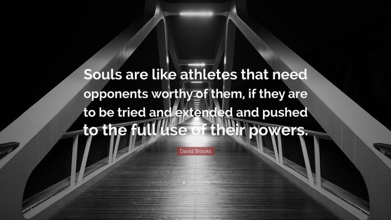David Brooks Quote: “Souls are like athletes that need opponents worthy of them, if they are to be tried and extended and pushed to the full use of their powers.”
