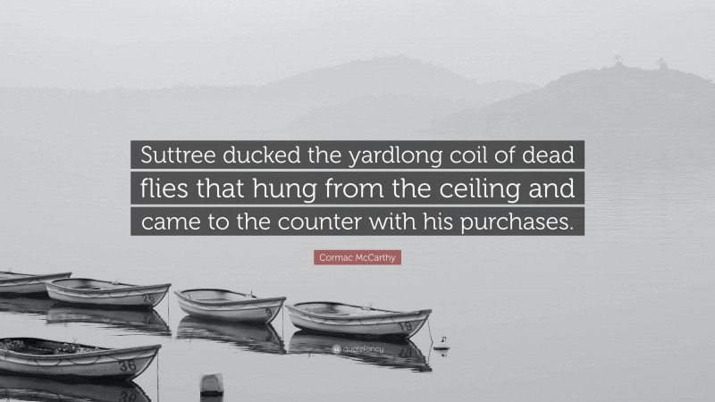 Cormac McCarthy Quote: “Suttree ducked the yardlong coil of dead flies that hung from the ceiling and came to the counter with his purchases.”