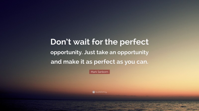 Mark Sanborn Quote: “Don’t wait for the perfect opportunity. Just take an opportunity and make it as perfect as you can.”