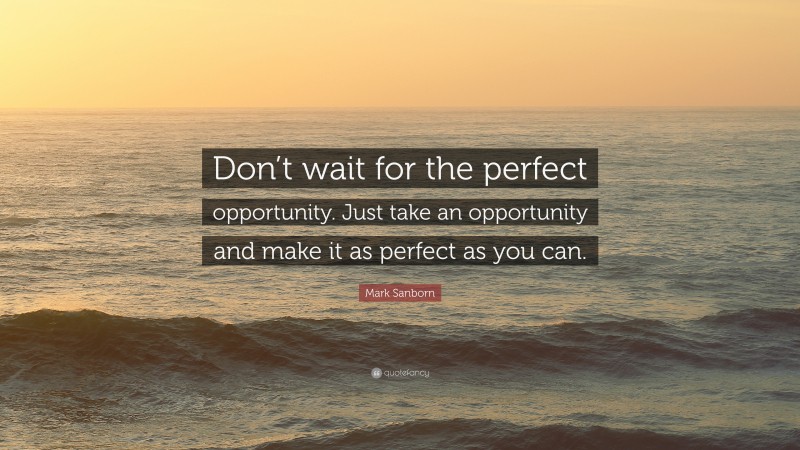 Mark Sanborn Quote: “Don’t wait for the perfect opportunity. Just take an opportunity and make it as perfect as you can.”