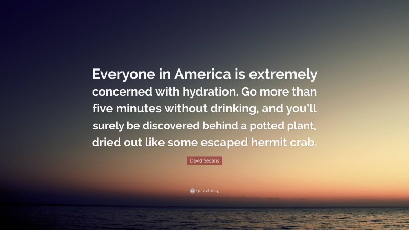 David Sedaris Quote: “Everyone in America is extremely concerned with hydration. Go more than five minutes without drinking, and you’ll surely be discovered behind a potted plant, dried out like some escaped hermit crab.”