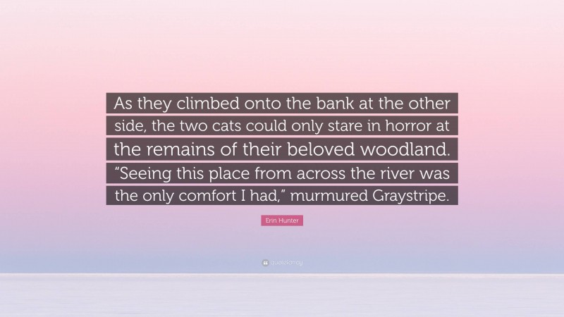 Erin Hunter Quote: “As they climbed onto the bank at the other side, the two cats could only stare in horror at the remains of their beloved woodland. “Seeing this place from across the river was the only comfort I had,” murmured Graystripe.”