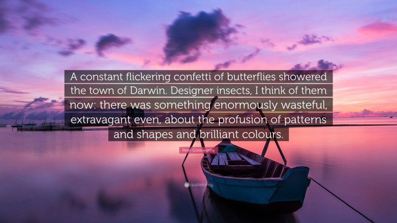 Peter Goldsworthy Quote: “A constant flickering confetti of butterflies showered the town of Darwin. Designer insects, I think of them now: there was something enormously wasteful, extravagant even, about the profusion of patterns and shapes and brilliant colours.”