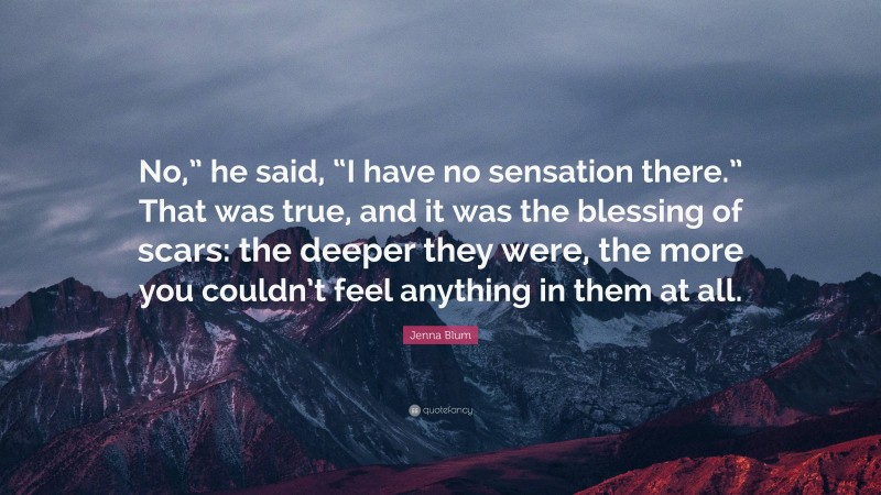Jenna Blum Quote: “No,” he said, “I have no sensation there.” That was true, and it was the blessing of scars: the deeper they were, the more you couldn’t feel anything in them at all.”
