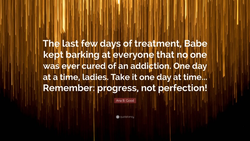 Ana B. Good Quote: “The last few days of treatment, Babe kept barking at everyone that no one was ever cured of an addiction. One day at a time, ladies. Take it one day at time... Remember: progress, not perfection!”
