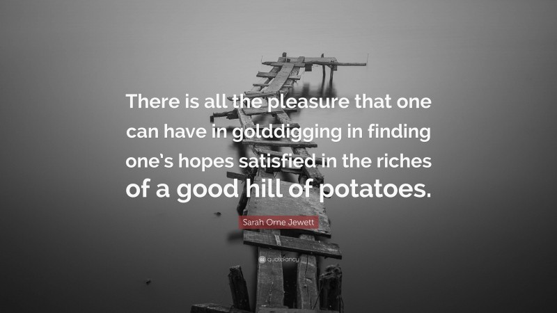 Sarah Orne Jewett Quote: “There is all the pleasure that one can have in golddigging in finding one’s hopes satisfied in the riches of a good hill of potatoes.”