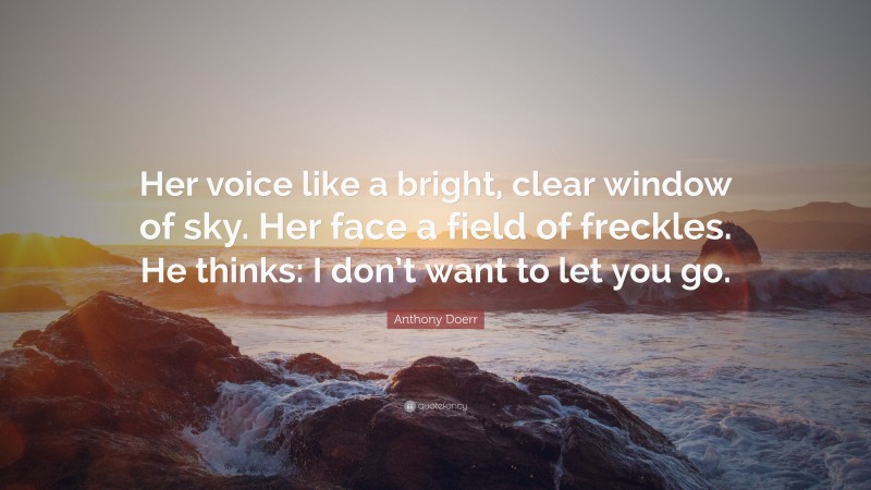 Anthony Doerr Quote: “Her voice like a bright, clear window of sky. Her face a field of freckles. He thinks: I don’t want to let you go.”