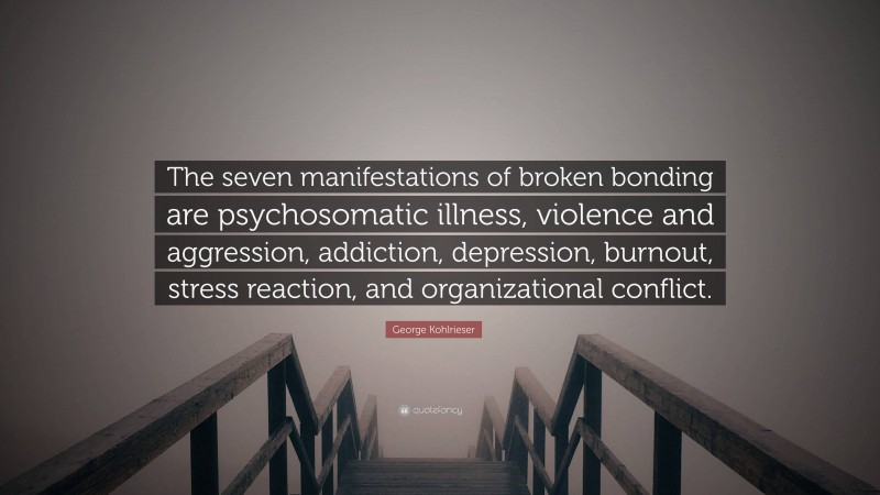 George Kohlrieser Quote: “The seven manifestations of broken bonding are psychosomatic illness, violence and aggression, addiction, depression, burnout, stress reaction, and organizational conflict.”