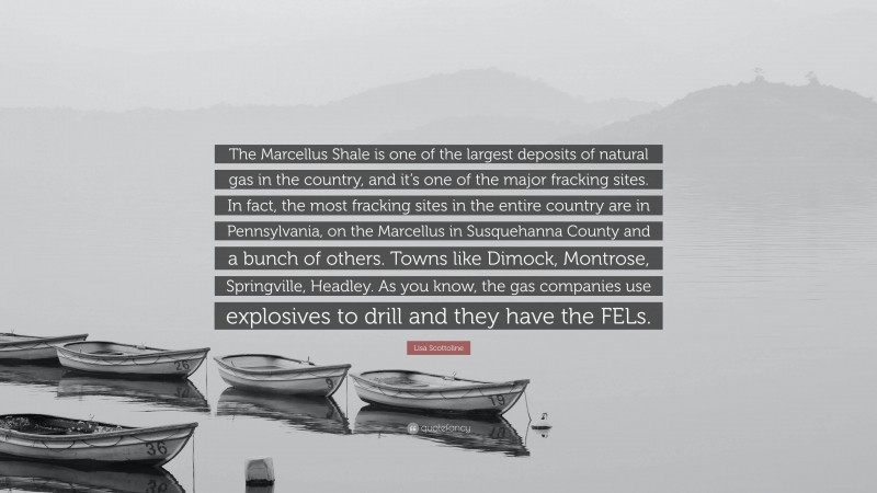 Lisa Scottoline Quote: “The Marcellus Shale is one of the largest deposits of natural gas in the country, and it’s one of the major fracking sites. In fact, the most fracking sites in the entire country are in Pennsylvania, on the Marcellus in Susquehanna County and a bunch of others. Towns like Dimock, Montrose, Springville, Headley. As you know, the gas companies use explosives to drill and they have the FELs.”